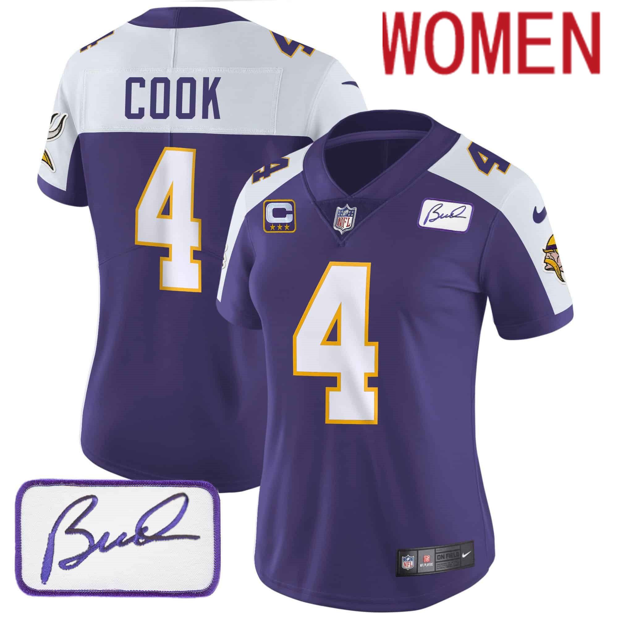Women Minnesota Vikings 4 Cook Purple 2024 Nike Bud Grant Patch Classic Limited NFL Jersey style 2